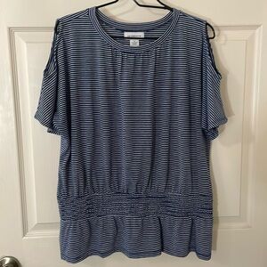 Liz Claiborne Cold Shoulder Shirt Sleeve Top Elastic Waist Navy Striped XL